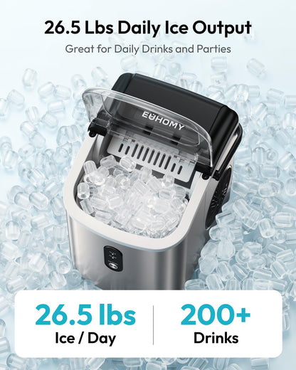 EUHOMY Ice Maker Countertop, Portable Ice Machine with Carry Handle, 26.5lbs Per Day, 9 Cubes in 6 Mins, Auto-Cleaning, with Basket and Scoop, for Home, Kitchen, Camping, RV (Silver)