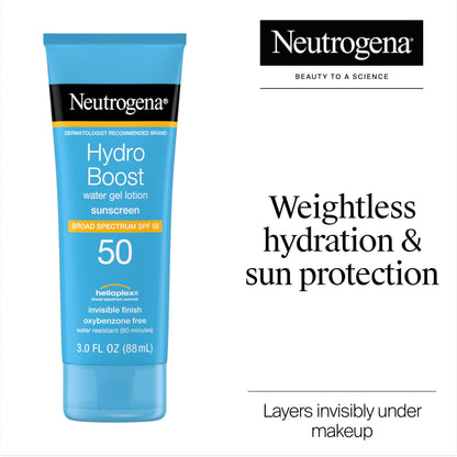 Neutrogena Hydro Boost Water Gel Sunscreen SPF 50, Oil‑Free Hydrating & Water‑Resistant Face & Body Sunscreen Lotion, Non‑Greasy, Broad Spectrum, Lightweight Moisturizer, 3 fl oz