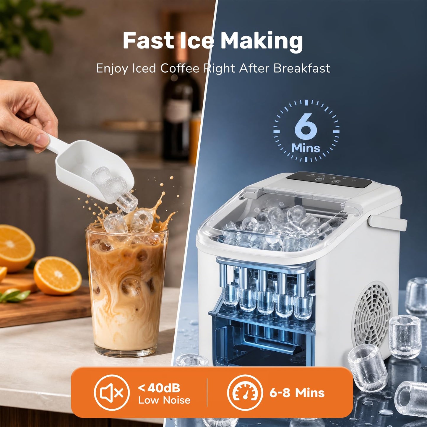Sweetcrispy Countertop Ice Maker with Scoop, Basket and Handle, Portable Ice Machine 9 Cubes Ready in 6 Mins, 26.5lbs in 24Hrs, 2 Sizes for Home Kitchen Office Bar Party