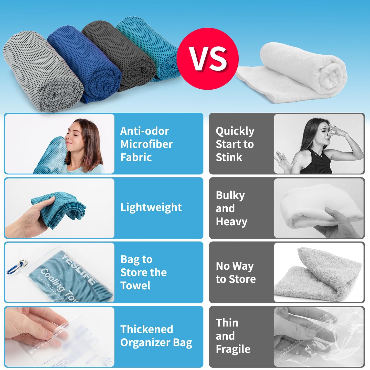 YESLIFE 4 Pack Cooling Towels (40"x12"), Gym Sweat Towels, Cooling Neck Wraps, Soft Breathable Microfiber Towels for Yoga, Running, Sport, Workout, Camping & More (Multicolor)
