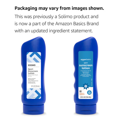 Amazon Basics Sport Sunscreen Lotion SPF 50, Water Resistant (80min), Formulated without Octinoxate & Oxybenzone, Broad Spectrum UVA/UVB Protection, 8 Fluid Ounce