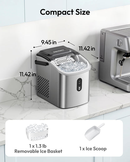 EUHOMY Ice Maker Countertop, Portable Ice Machine with Carry Handle, 26.5lbs Per Day, 9 Cubes in 6 Mins, Auto-Cleaning, with Basket and Scoop, for Home, Kitchen, Camping, RV (Silver)