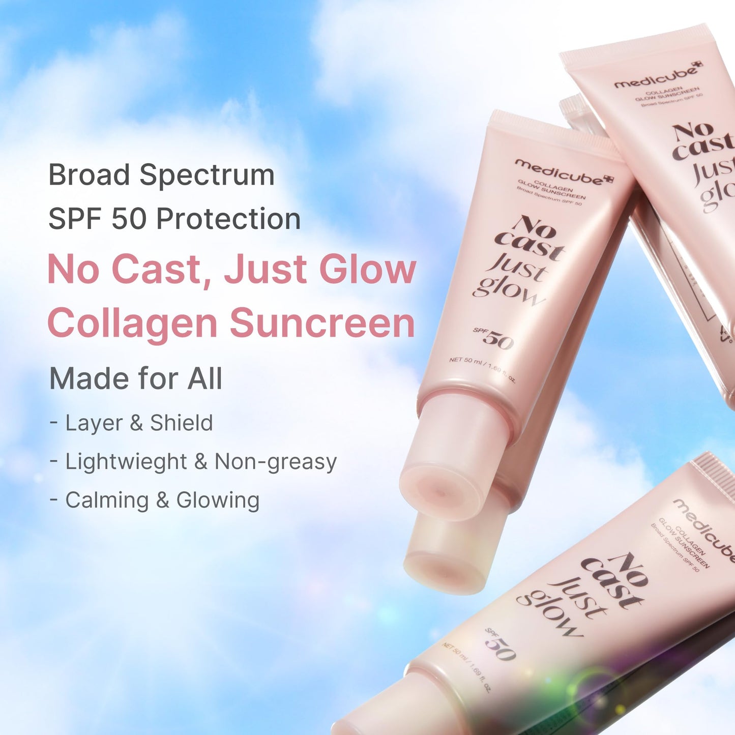 medicube Sunscreen No Cast Just Glow Collagen | SPF 50 Broad Spectrum Face Sunscreen | Lightweight, Non-Sticky, Hydrating Formula | Peptide, Cica for Soothing & Glow | Korean Skincare