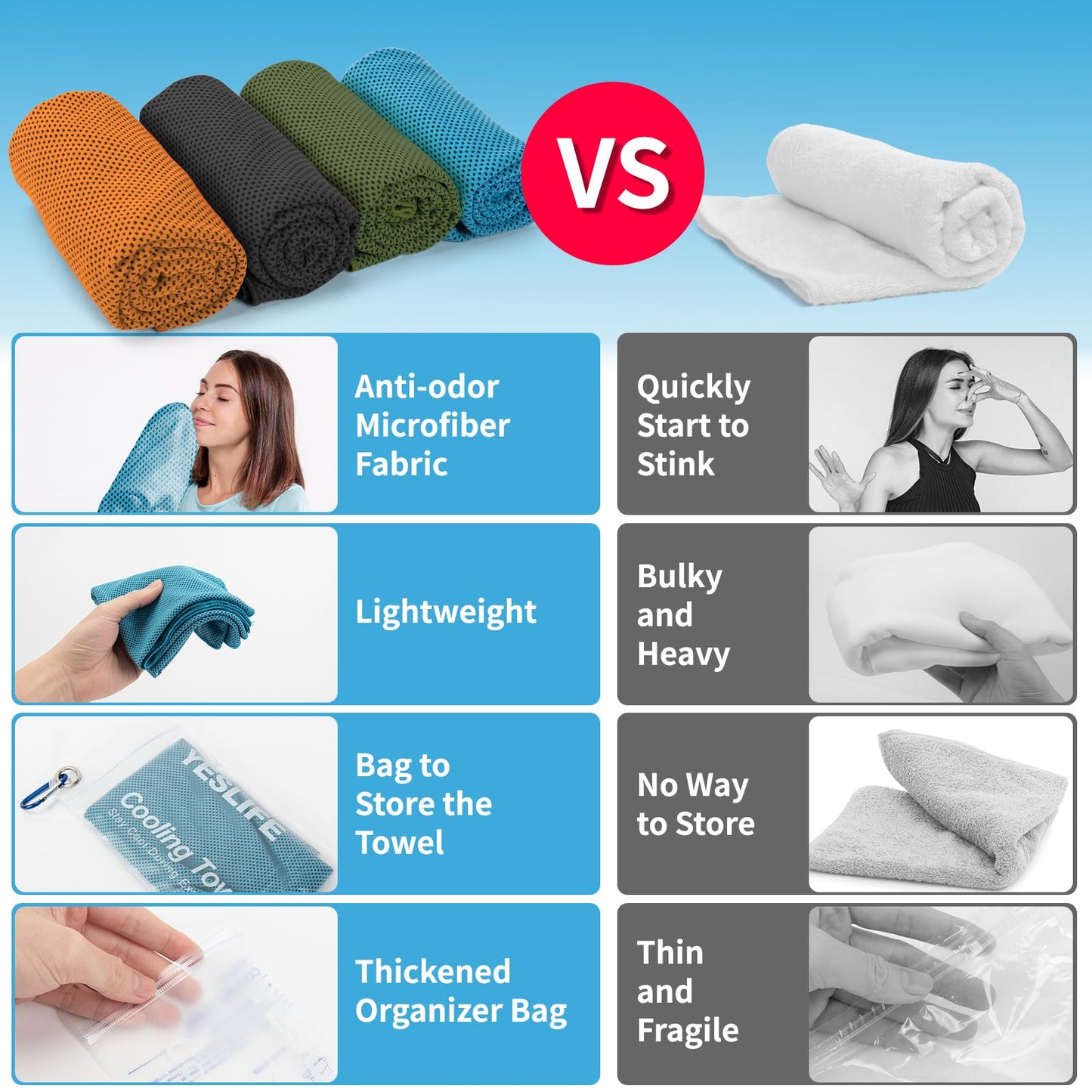 YESLIFE 4 Pack Cooling Towels (40"x12"), Gym Sweat Towels, Cooling Neck Wraps, Soft Breathable Microfiber Towels for Yoga, Running, Sport, Workout, Camping & More (Multicolor)
