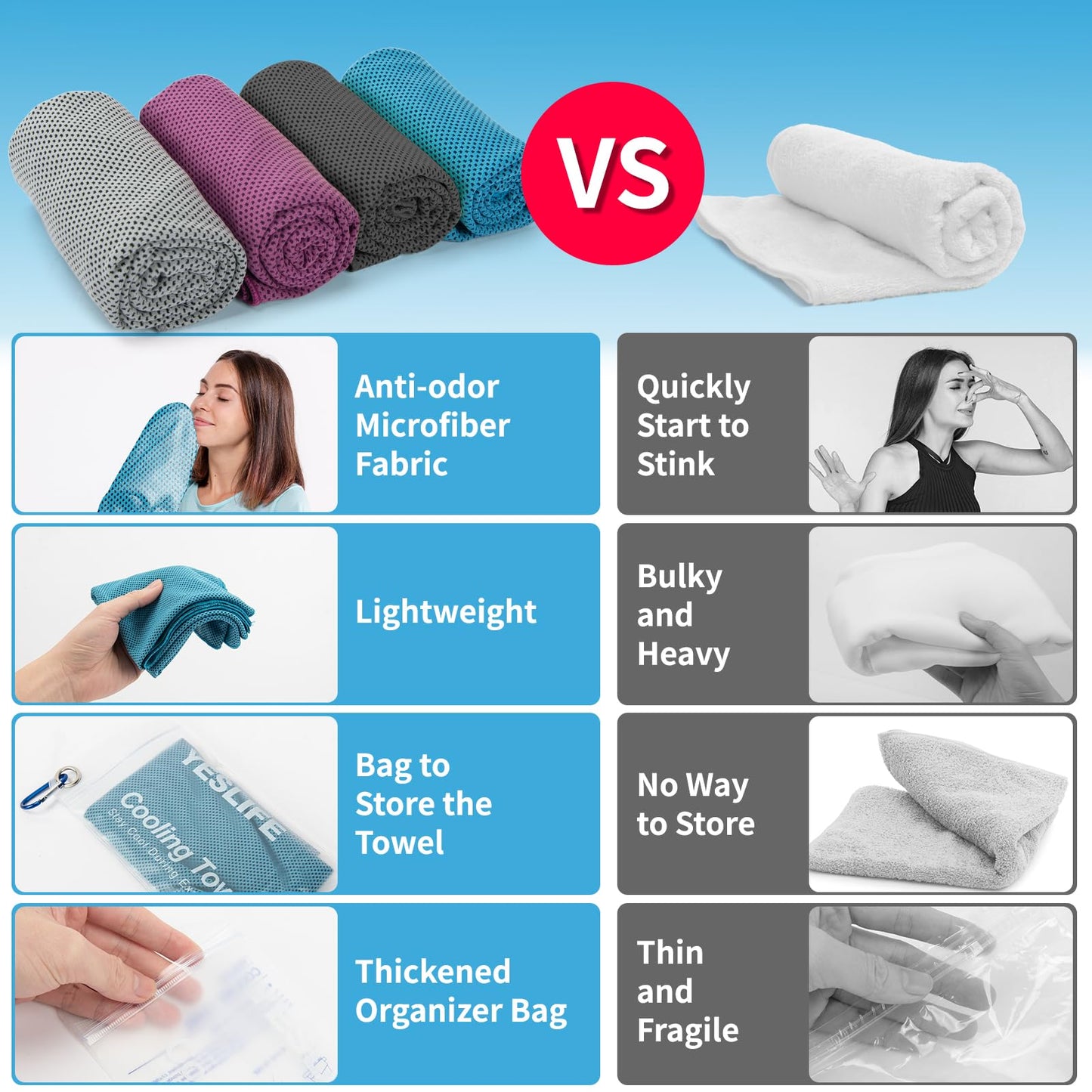 YESLIFE 4 Pack Cooling Towels (40"x12"), Gym Sweat Towels, Cooling Neck Wraps, Soft Breathable Microfiber Towels for Yoga, Running, Sport, Workout, Camping & More (Multicolor)