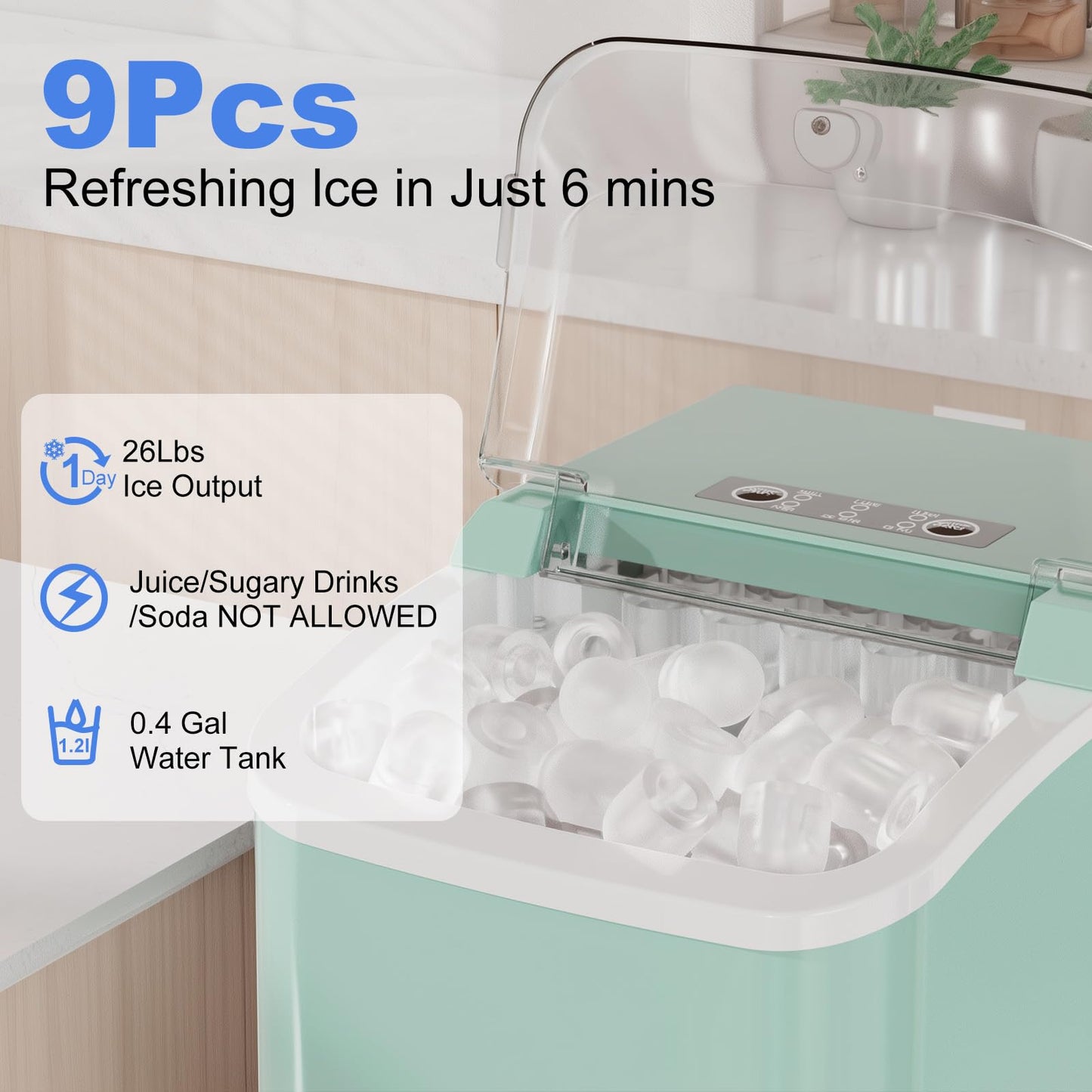 NEWBULIG Ice Makers Countertop with Handle, Portable Ice Machine, 9 Bullet Ice Cubes in 6 Mins, 26lbs in 24Hrs, Auto-Cleaning, with Basket and Scoop, for Home, Kitchen, RV, Camping,Black