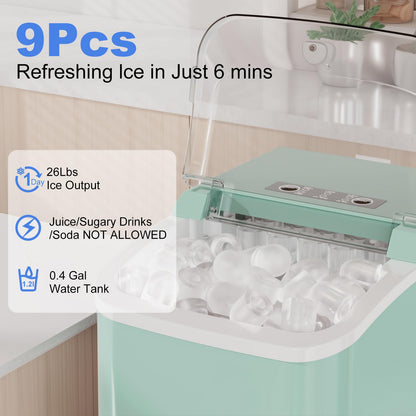 NEWBULIG Ice Makers Countertop with Handle, Portable Ice Machine, 9 Bullet Ice Cubes in 6 Mins, 26lbs in 24Hrs, Auto-Cleaning, with Basket and Scoop, for Home, Kitchen, RV, Camping,Black