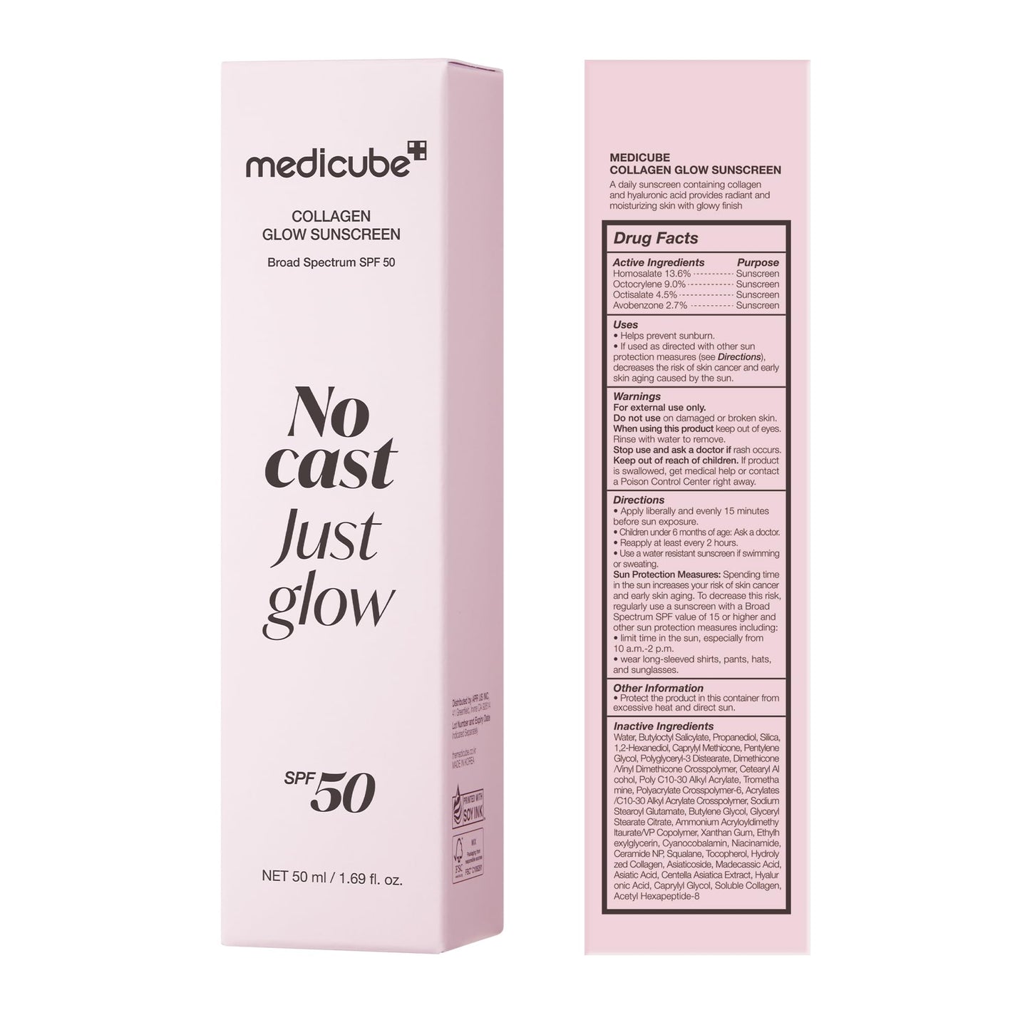 medicube Sunscreen No Cast Just Glow Collagen | SPF 50 Broad Spectrum Face Sunscreen | Lightweight, Non-Sticky, Hydrating Formula | Peptide, Cica for Soothing & Glow | Korean Skincare