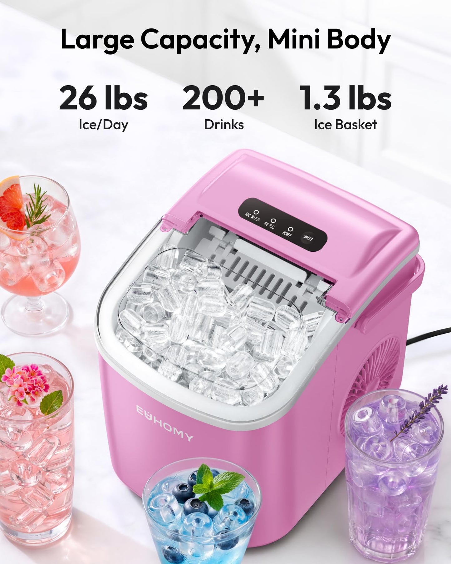EUHOMY Countertop Ice Maker Machine with Handle, 26lbs Per Day, 9 Ice Cubes Ready in 6 Mins, Auto-Cleaning Portable Ice Maker with Basket and Scoop, for Home/Kitchen/Camping/RV (Purple)