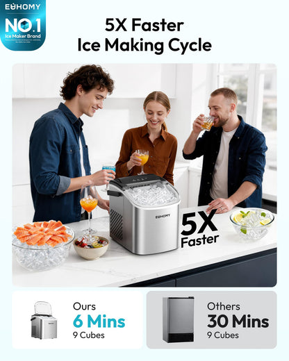 EUHOMY Countertop Ice Maker Machine with Handle, 26lbs Per Day, 9 Ice Cubes Ready in 6 Mins, Auto-Cleaning Portable Ice Maker with Basket and Scoop, for Home/Kitchen/Camping/RV (Purple)
