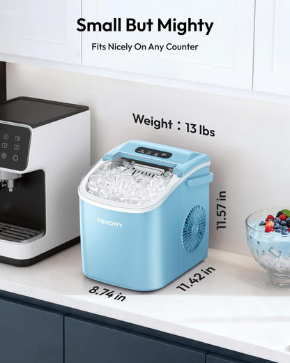 EUHOMY Countertop Ice Maker Machine with Handle, 26lbs Per Day, 9 Ice Cubes Ready in 6 Mins, Auto-Cleaning Portable Ice Maker with Basket and Scoop, for Home/Kitchen/Camping/RV (Purple)