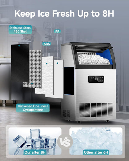 EUHOMY Commercial Ice Maker Machine, 100lbs/24H Stainless Steel Under Counter ice Machine with 33lbs Ice Storage Capacity, Freestanding Ice Maker.