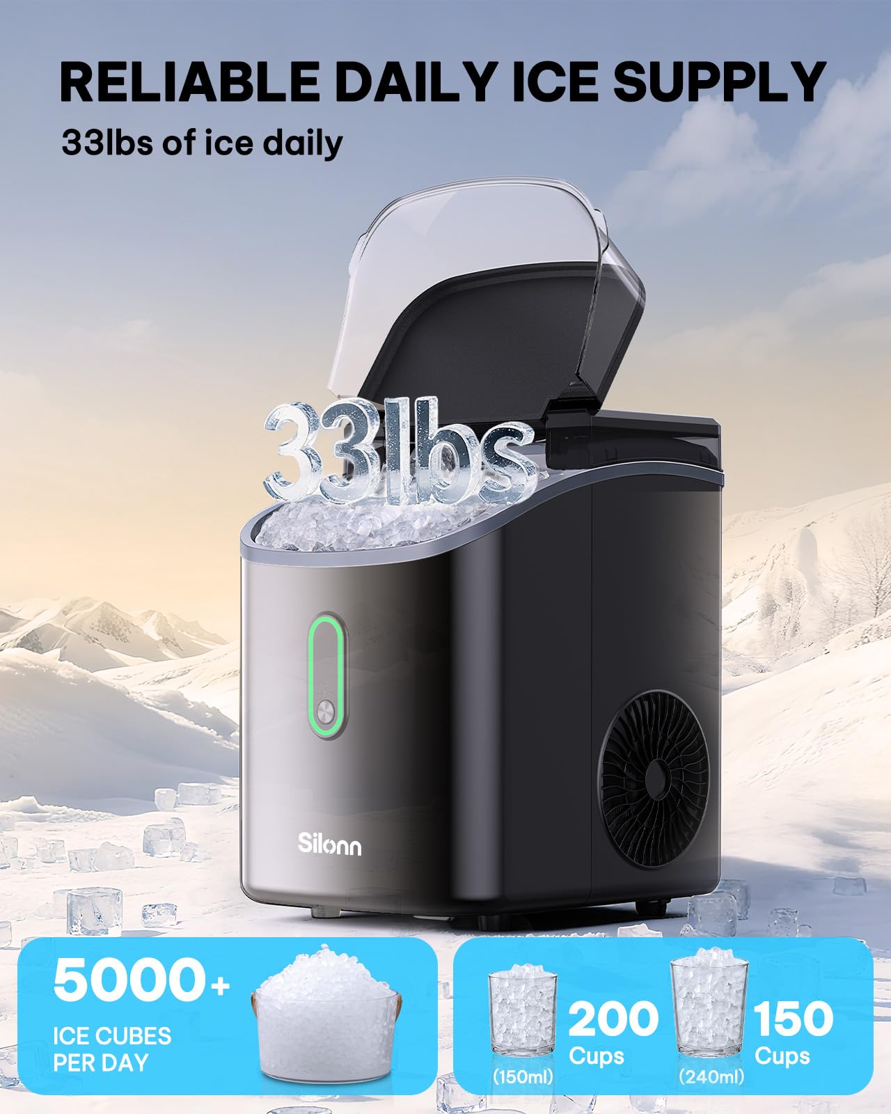 Nugget Ice Maker Countertop, Silonn Chewable Pellet Ice Machine with Self-Cleanin Function, 36lbs/24H Portable Ice Makers for Home Kitchen Officce, Black