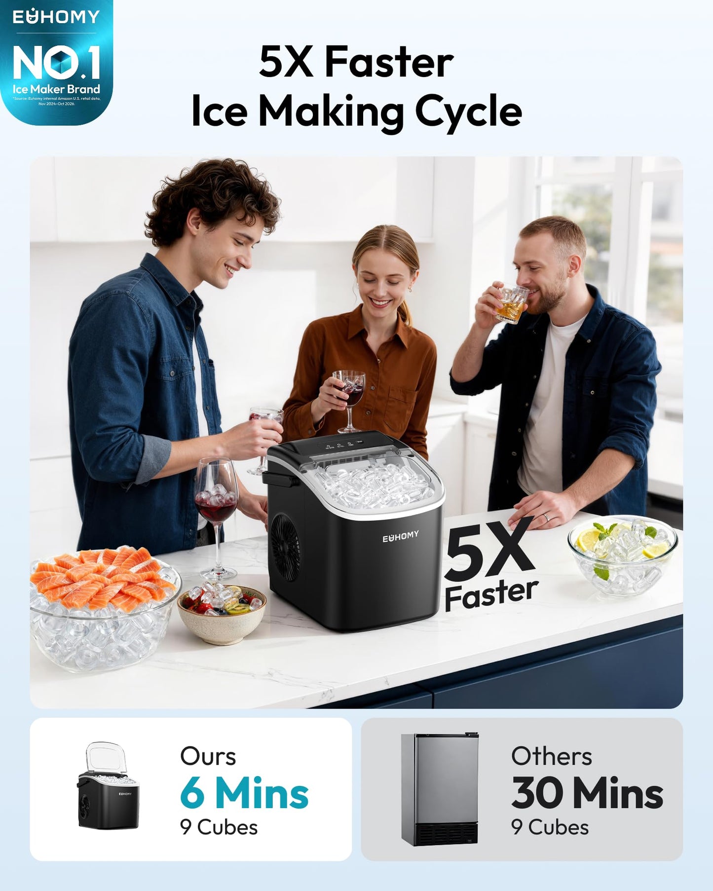 EUHOMY Countertop Ice Maker Machine with Handle, 26lbs Per Day, 9 Ice Cubes Ready in 6 Mins, Auto-Cleaning Portable Ice Maker with Basket and Scoop, for Home/Kitchen/Camping/RV (Purple)