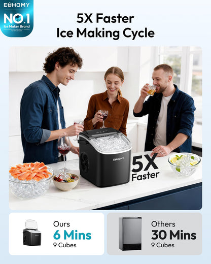 EUHOMY Countertop Ice Maker Machine with Handle, 26lbs Per Day, 9 Ice Cubes Ready in 6 Mins, Auto-Cleaning Portable Ice Maker with Basket and Scoop, for Home/Kitchen/Camping/RV (Purple)