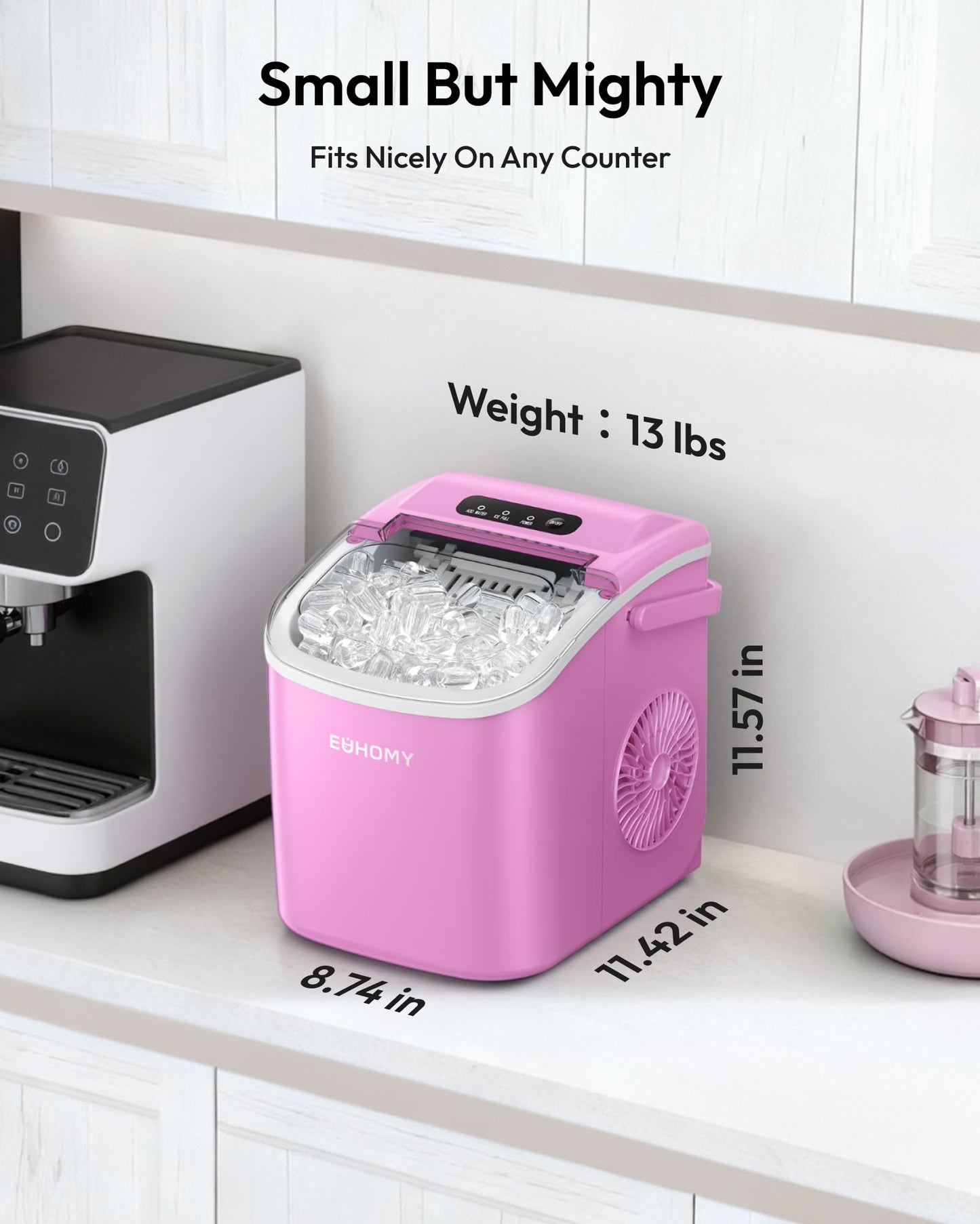 EUHOMY Countertop Ice Maker Machine with Handle, 26lbs Per Day, 9 Ice Cubes Ready in 6 Mins, Auto-Cleaning Portable Ice Maker with Basket and Scoop, for Home/Kitchen/Camping/RV (Purple)