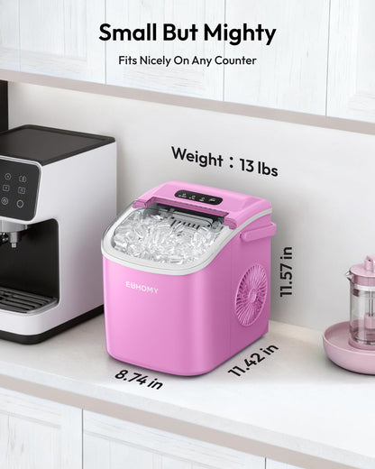 EUHOMY Countertop Ice Maker Machine with Handle, 26lbs Per Day, 9 Ice Cubes Ready in 6 Mins, Auto-Cleaning Portable Ice Maker with Basket and Scoop, for Home/Kitchen/Camping/RV (Purple)