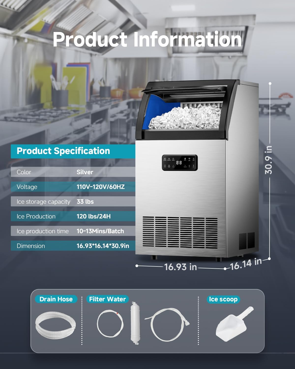 EUHOMY Commercial Ice Maker Machine, 100lbs/24H Stainless Steel Under Counter ice Machine with 33lbs Ice Storage Capacity, Freestanding Ice Maker.