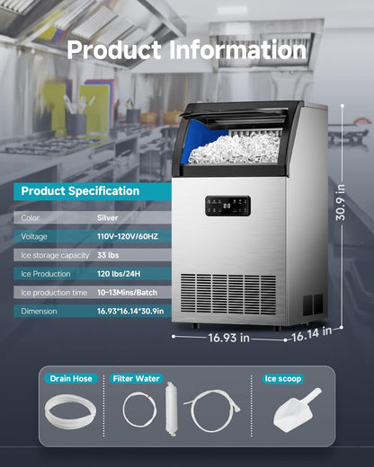 EUHOMY Commercial Ice Maker Machine, 100lbs/24H Stainless Steel Under Counter ice Machine with 33lbs Ice Storage Capacity, Freestanding Ice Maker.