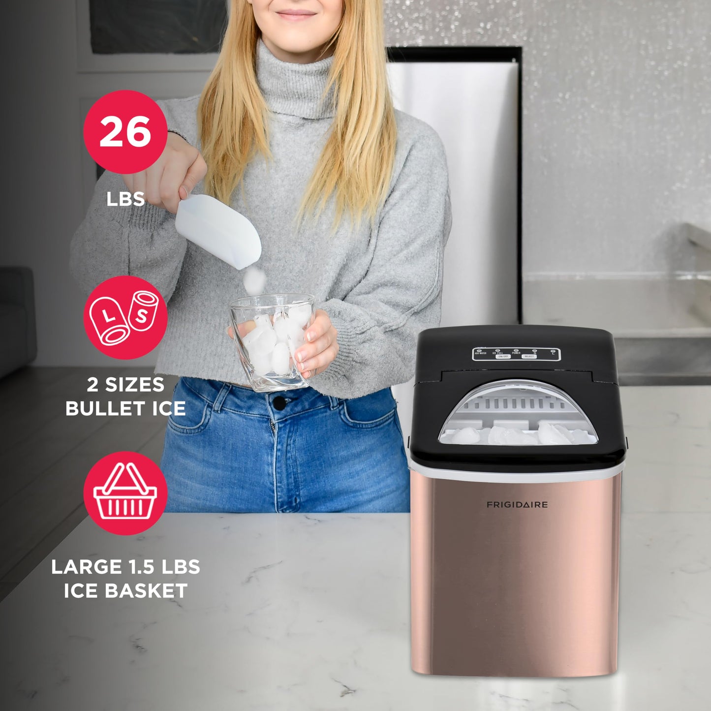 Frigidaire Countertop Portable, 26 lb per Day Bullet Ice Maker Machine (Black Stainless Steel)
