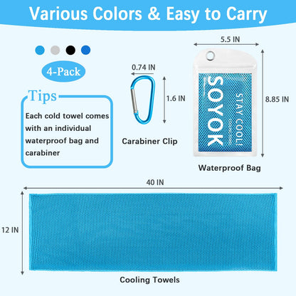4 Packs Cooling Towel, 40" x 12" Microfiber Cooling Towels for Neck and Face, Soft Breathable Gym Towel for Working Out with Waterproof Bag & Carabiner, Sweat Towels for Running, Yoga, Travel, Climb