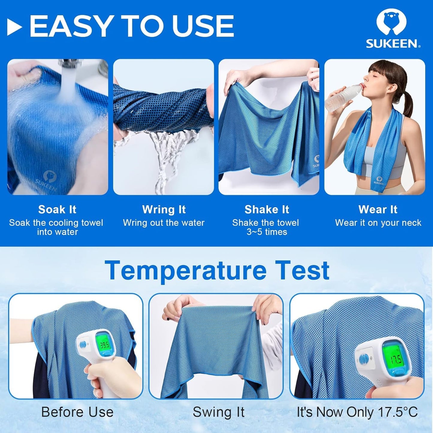Sukeen 8 Pack Cooling Towels (40"x12"), Cooling Towels for Neck and Face, Microfiber Soft Breathable Chilly Ice Towel, Sweat Towel for Gym, Yoga, Sports, Golf, Camping, Running, Fitness, Workout