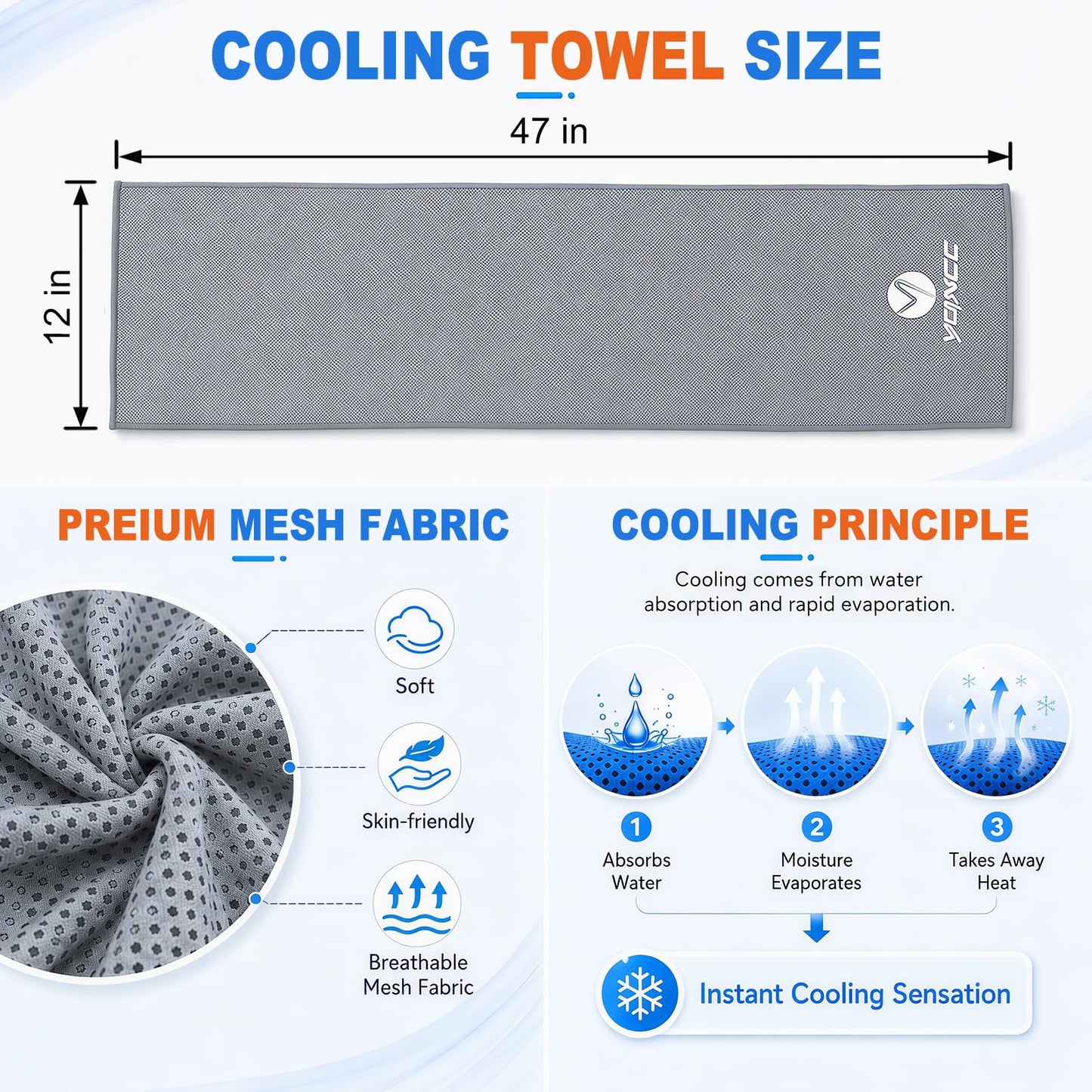 YQXCC 2 Pack Cooling Towels (47"x12"), Ice Cool Neck Towel, Soft Breathable Microfiber for Yoga, Golf, Gym, Running, Camping & Hot Weather