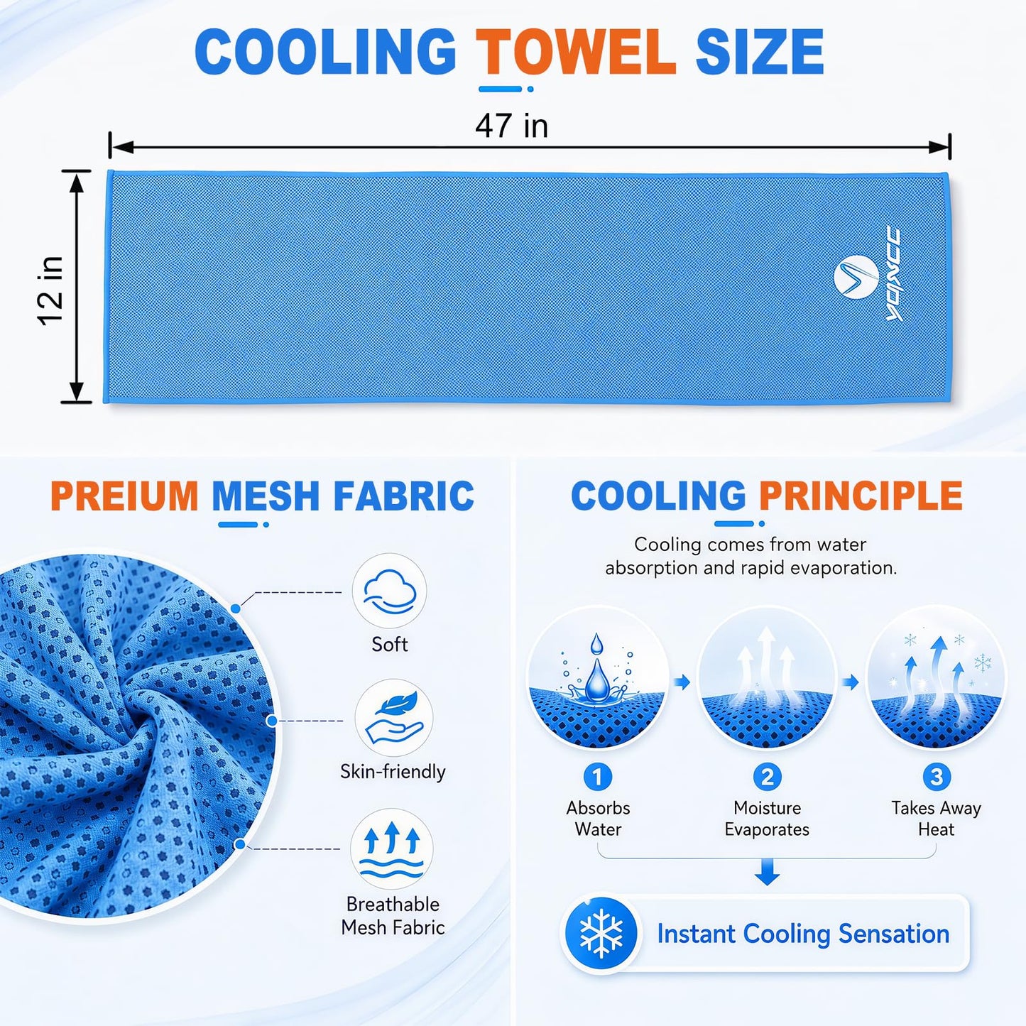 YQXCC 2 Pack Cooling Towels (47"x12"), Ice Cool Neck Towel, Soft Breathable Microfiber for Yoga, Golf, Gym, Running, Camping & Hot Weather