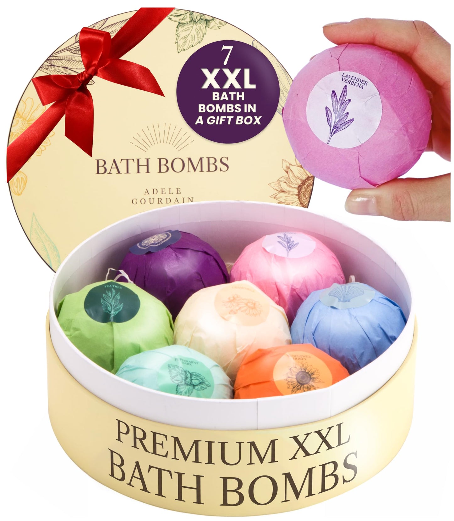 XXXL Bath Bombs for Women Gift Set, 7 Pack, Spa Scents, Adelegourdain | 7 Scents - Arrives in Gift Box - XXXL (200g) - Long-lasting Fizz & Scent - Non-Staining - For Birthdays, Mothersday and More