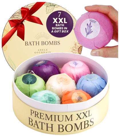 XXXL Bath Bombs for Women Gift Set, 7 Pack, Spa Scents, Adelegourdain | 7 Scents - Arrives in Gift Box - XXXL (200g) - Long-lasting Fizz & Scent - Non-Staining - For Birthdays, Mothersday and More
