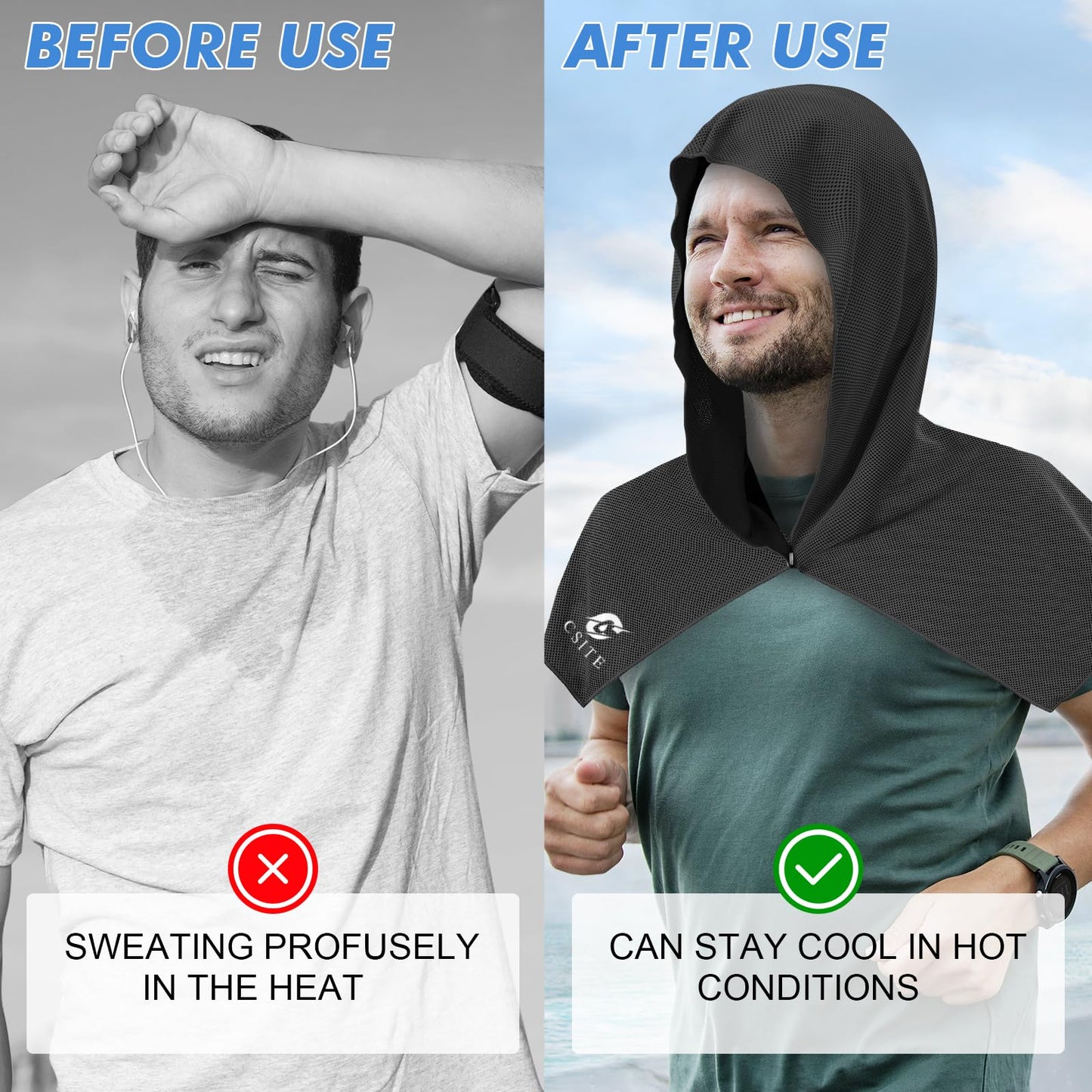 CSITE 3 Pack Cooling Hoodie Towels for Neck and Face, UPF 50 Sun Protection & Instant Cooling, Ice Towels for Hot Weather, Soft Breathable Towel for Sport, Work Out, Gym, Camping & More Activities