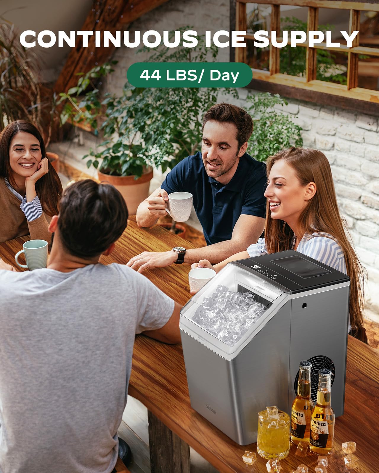 Silonn Ice Makers Countertop, 44lbs Per Day, 2 Ways to Add Water, Auto Self-Cleaning, Stainless Steel Ice Machine for Home Office Bar Party