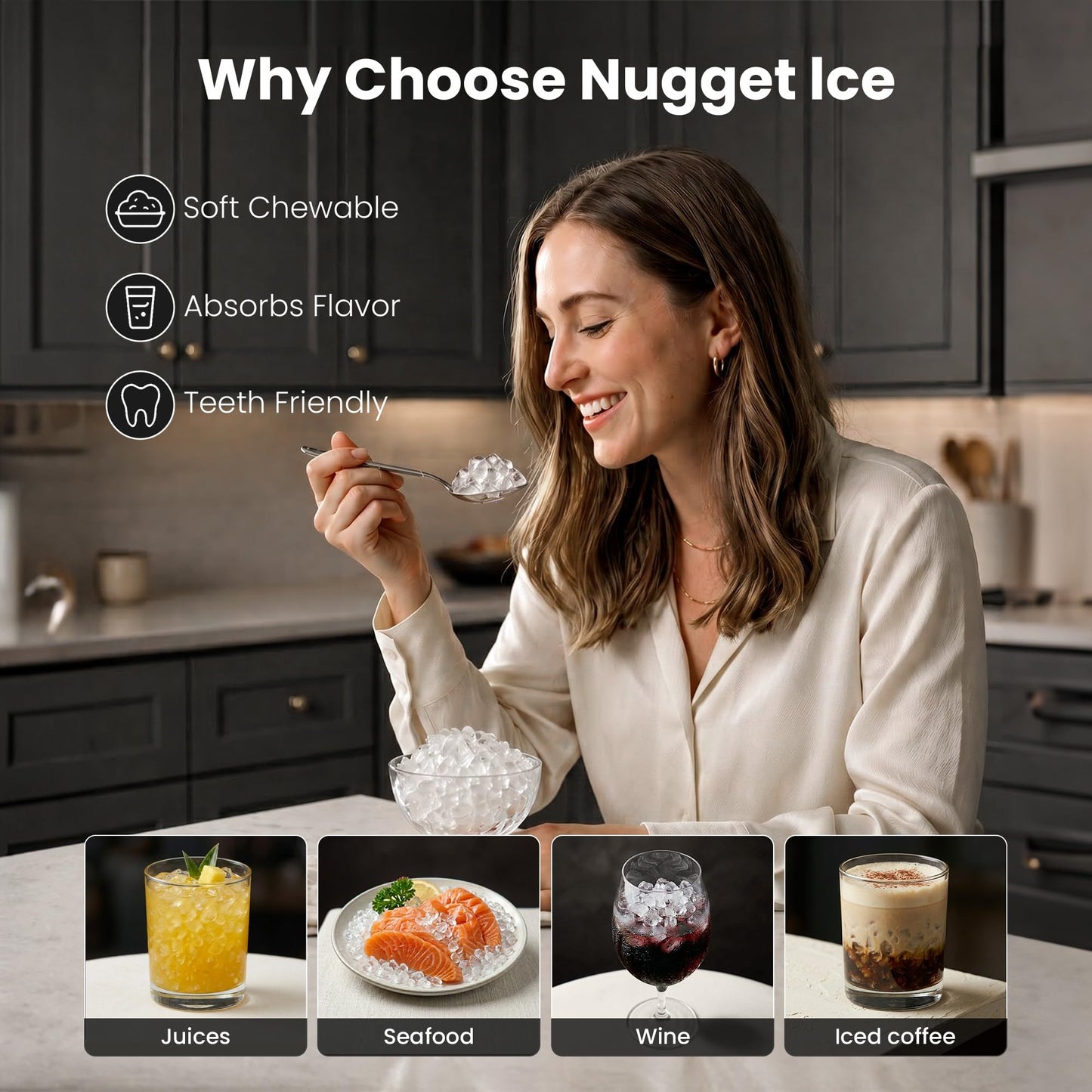 AGLUCKY Nugget Ice Makers Countertop with Handle, Crushed Ice Ready in 5 Mins, 35lbs/Day, Self-Cleaning, Portable Ice Machine with One-Click Operation for Home/Kitchen/Party/RV/Camping