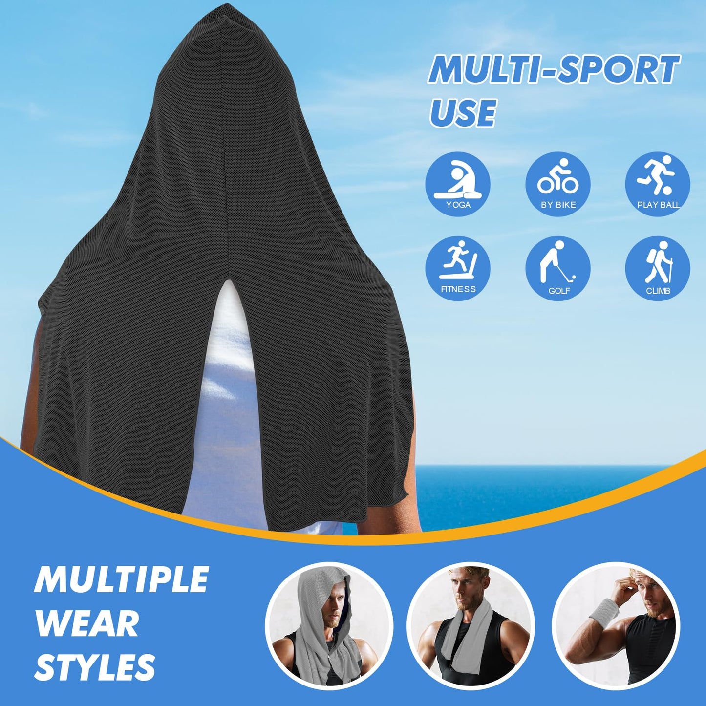 CSITE 3 Pack Cooling Hoodie Towels for Neck and Face, UPF 50 Sun Protection & Instant Cooling, Ice Towels for Hot Weather, Soft Breathable Towel for Sport, Work Out, Gym, Camping & More Activities