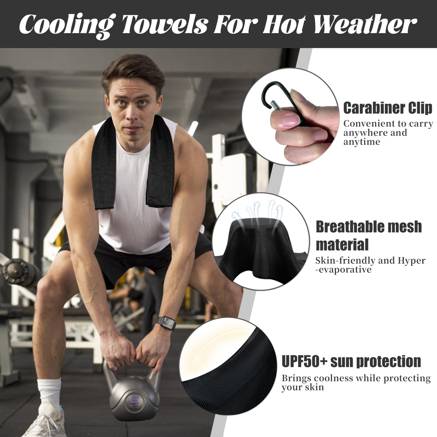 4 Pack Cooling Towels, Soft Breathable Cooling Towels for Neck and Face, Microfiber Gym Towels for Men and Women with Waterproof Bag & Carabiner, Sweat Towel for Yoga, Golf, Hiking, Running