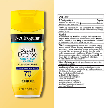 Neutrogena Beach Defense Sunscreen Lotion SPF 70 Broad Spectrum UVA UVB Protection Lightweight Water Resistant up to 80 Minutes Beach-Strength Sun Protection for Whole Family, 6.7 fl oz