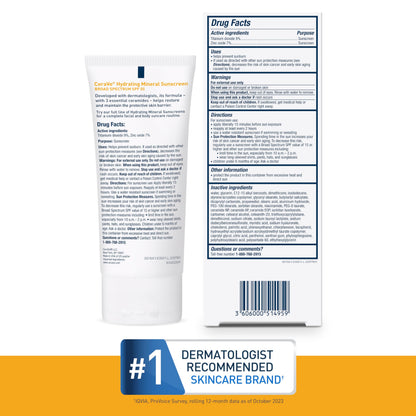 CeraVe 100% Mineral Sunscreen SPF 50 with Zinc Oxide & Titanium Dioxide, Hyaluronic Acid & Ceramides, Oil Free & Non-Greasy, Hydrating Mineral Sunscreen For Body, 5 oz
