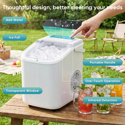 DUMOS Ice Maker Countertop, Ice Machine with Portable Handle, Basket and Scoop, 26lbs Daily, 9 Bullet Cubes in 6-8 Mins, Auto-Cleaning for Home, Kitchen, Office, Outdoors, RV Camping