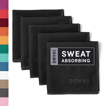 DRYKI Sweat Absorbing Handkerchiefs - The Original Pocket-Sized Sweat Towels - Quick-Dry Microfiber Sweat Rags for Face, Hands, & Body - Men & Women - Gym, Sports, and Work (Black: 5 Pack)