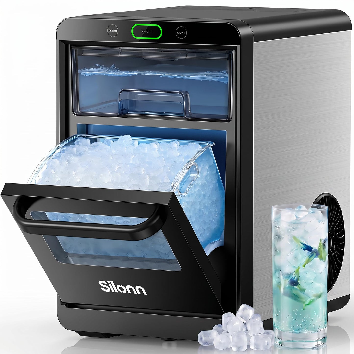 Silonn Ice Maker Countertop, Portable Ice Machine with Carry Handle, Self-Cleaning Ice Makers with Basket and Scoop, 9 Cubes in 6 Mins, 26 lbs per Day, Ideal for Home, Kitchen, Camping, RV