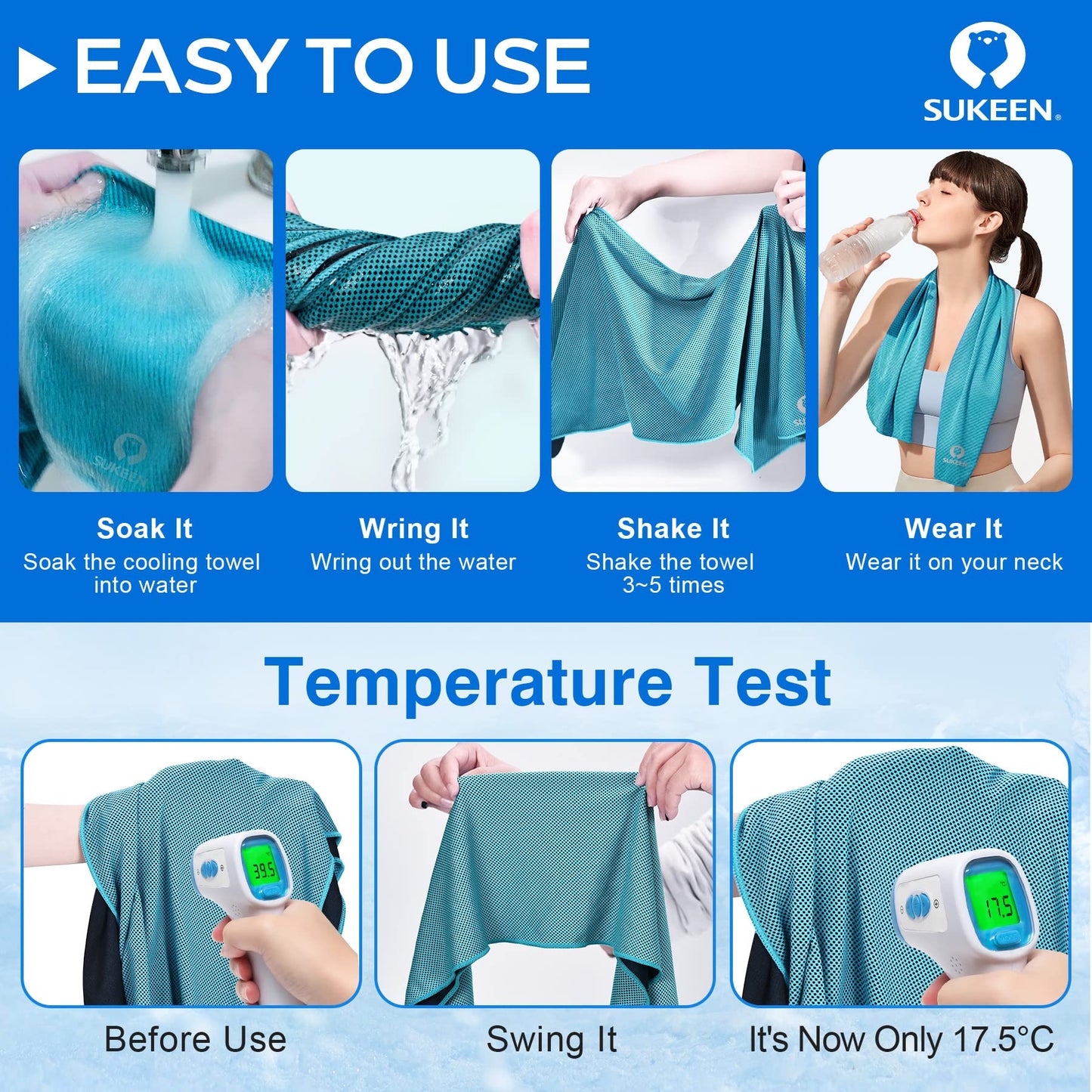 Sukeen 4 Pack Cooling Towels (40"x12"),Ice Towel,Soft Breathable Chilly Towel,Microfiber Towel for Yoga,Sport,Running,Gym,Workout,Camping,Fitness,Workout & More Activities