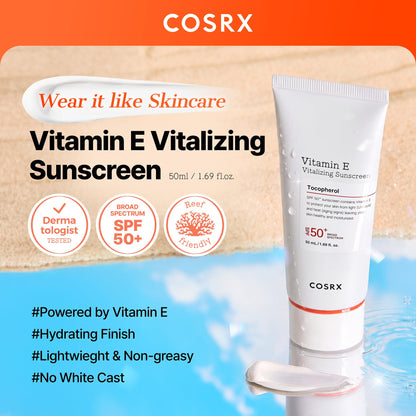 COSRX Vitamin E Sunscreen for Oily Skin SPF 50, Natural Glow Face Sunscreen, Lightweight, Non-Sticky, No White Cast, Hydrating, Beach Essentials, Summer Travel Essentials, Korean Skincare,1.69 fl oz