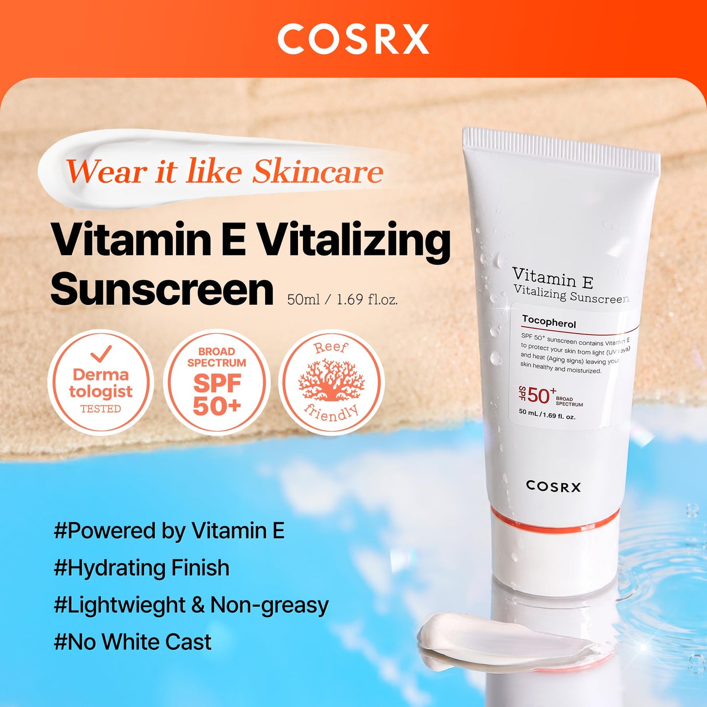 COSRX Vitamin E Sunscreen for Oily Skin SPF 50, Natural Glow Face Sunscreen, Lightweight, Non-Sticky, No White Cast, Hydrating, Beach Essentials, Summer Travel Essentials, Korean Skincare,1.69 fl oz