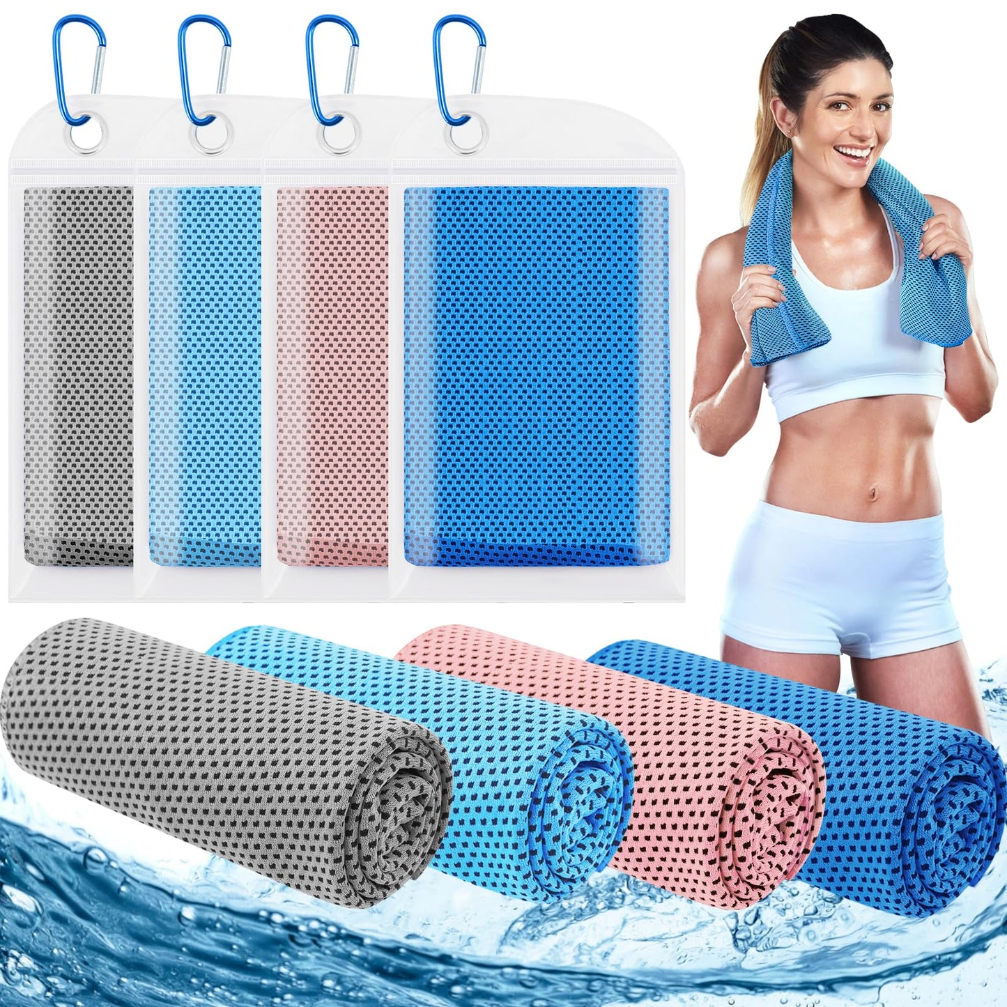 Leuceiy 4 Pack Cooling Towels (40"x12"), Cooling Towels for Neck and Face, Gym Towel for Working Out, Soft Breathable Microfiber Ice Towel for Yoga Sport Running Golf