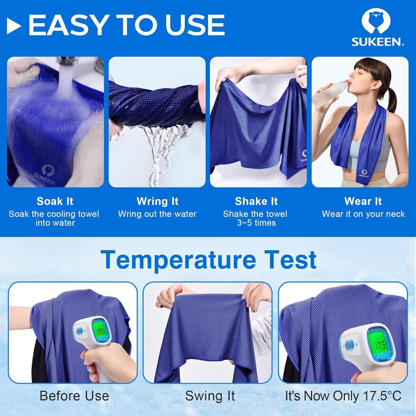 Sukeen 8 Pack Cooling Towels (40"x12"), Cooling Towels for Neck and Face, Microfiber Soft Breathable Chilly Ice Towel, Sweat Towel for Gym, Yoga, Sports, Golf, Camping, Running, Fitness, Workout