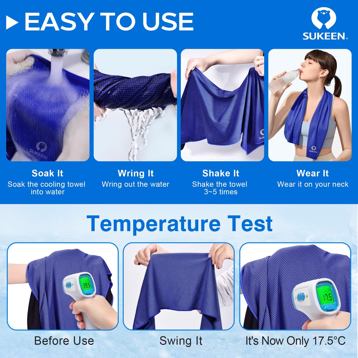 Sukeen 4 Pack Cooling Towels (40"x12"),Ice Towel,Soft Breathable Chilly Towel,Microfiber Towel for Yoga,Sport,Running,Gym,Workout,Camping,Fitness,Workout & More Activities