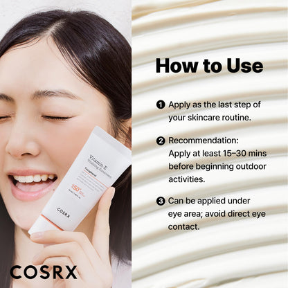 COSRX Vitamin E Sunscreen for Oily Skin SPF 50, Natural Glow Face Sunscreen, Lightweight, Non-Sticky, No White Cast, Hydrating, Beach Essentials, Summer Travel Essentials, Korean Skincare,1.69 fl oz