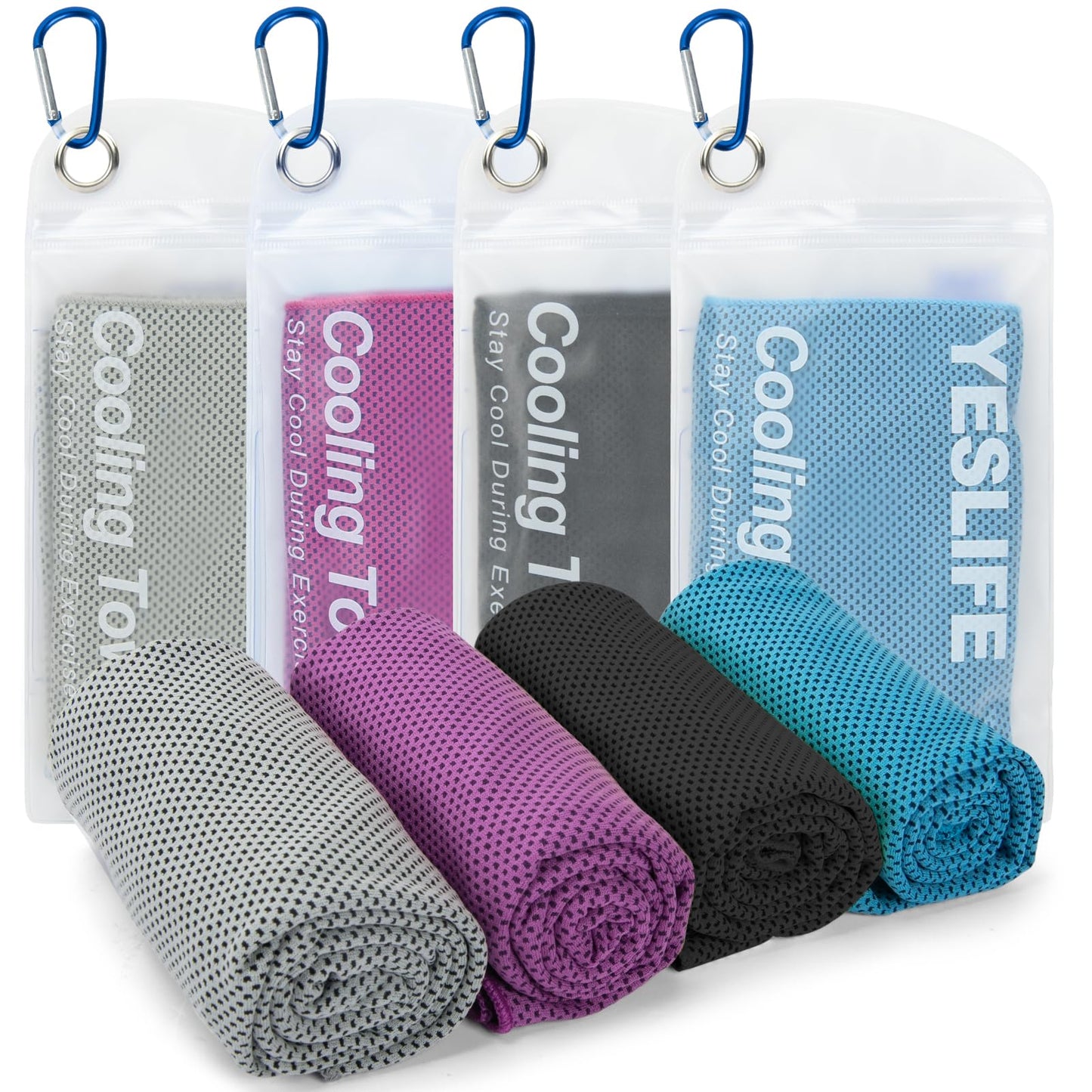 YESLIFE 4 Pack Cooling Towels (40"x12"), Gym Sweat Towels, Cooling Neck Wraps, Soft Breathable Microfiber Towels for Yoga, Running, Sport, Workout, Camping & More (Multicolor)