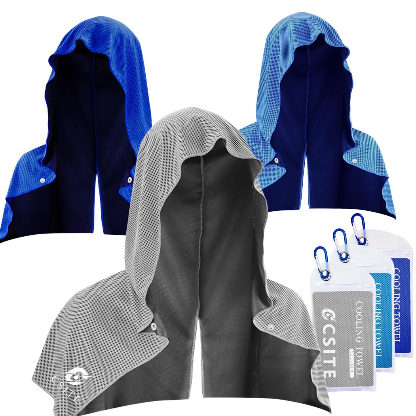 CSITE 3 Pack Cooling Hoodie Towels for Neck and Face, UPF 50 Sun Protection & Instant Cooling, Ice Towels for Hot Weather, Soft Breathable Towel for Sport, Work Out, Gym, Camping & More Activities