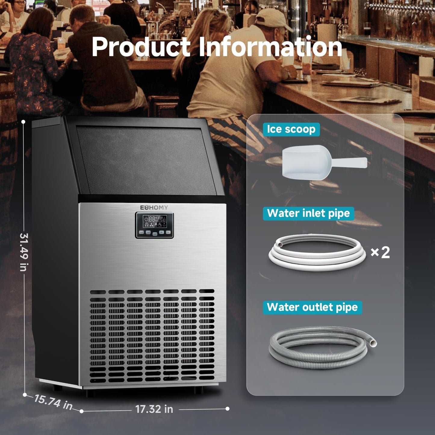 EUHOMY Commercial Ice Maker Machine, 100lbs/24H Stainless Steel Under Counter ice Machine with 33lbs Ice Storage Capacity, Freestanding Ice Maker.